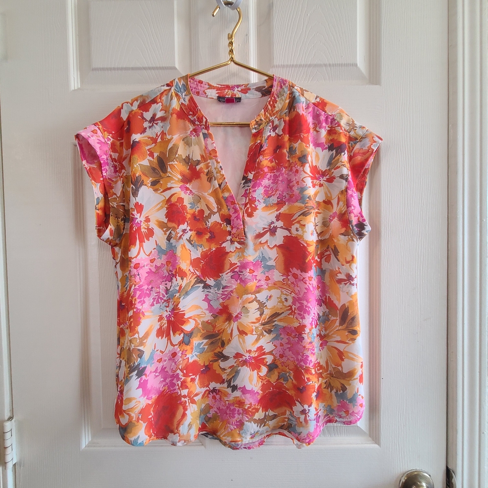 Vince Camuto Floral Split-Neck Blouse - Pink & Orange